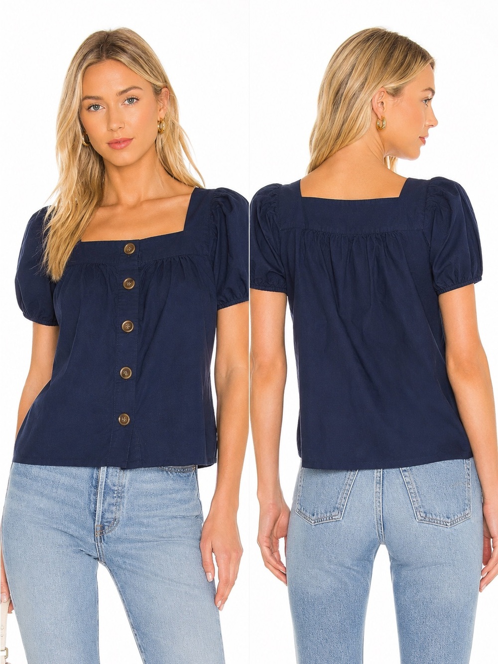 J. Crew Navy Square-Neck Button Puff Sleeve Blouse